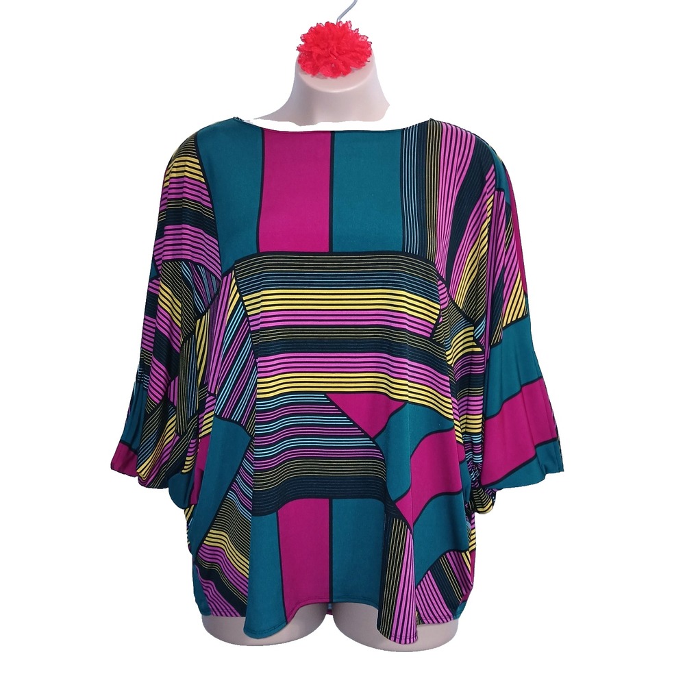 Worthington Women Colorblock Oversized Top 2X Fuchsia Green Geometric Dolman